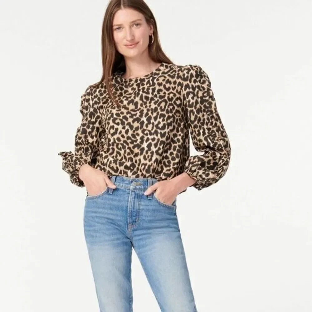 J.Crew blouse Ruffle-sleeve top in leopard NWT M